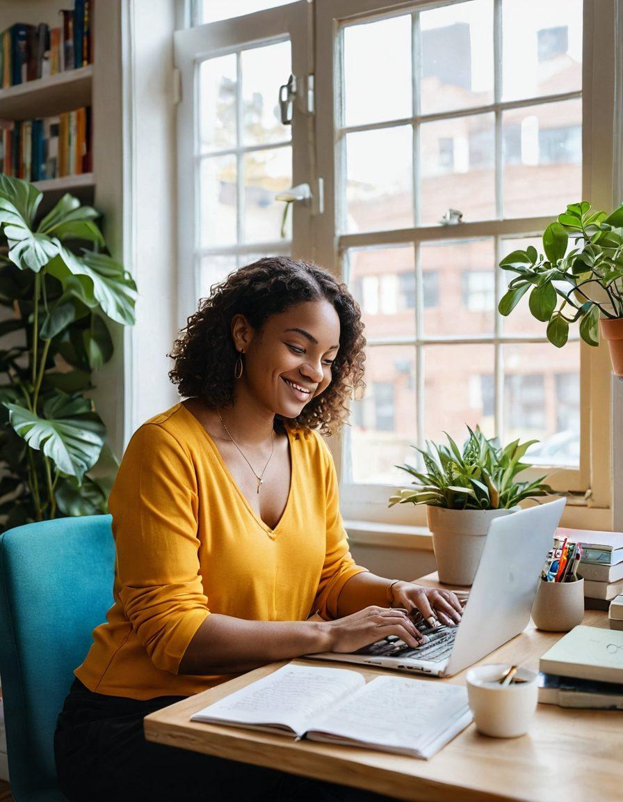 A confident woman sitting at a desk, typing on a laptop, surrounded by an array of colorful diaries and books about body positivity. She has a warm smile, as soft natural light filters through a window, highlighting her. In the background, a small plant adds a touch of life to the scene, with decor that reflects creativity and self-expression. The focus is on empowerment and embracing individuality. vibrant colors. cozy atmosphere.