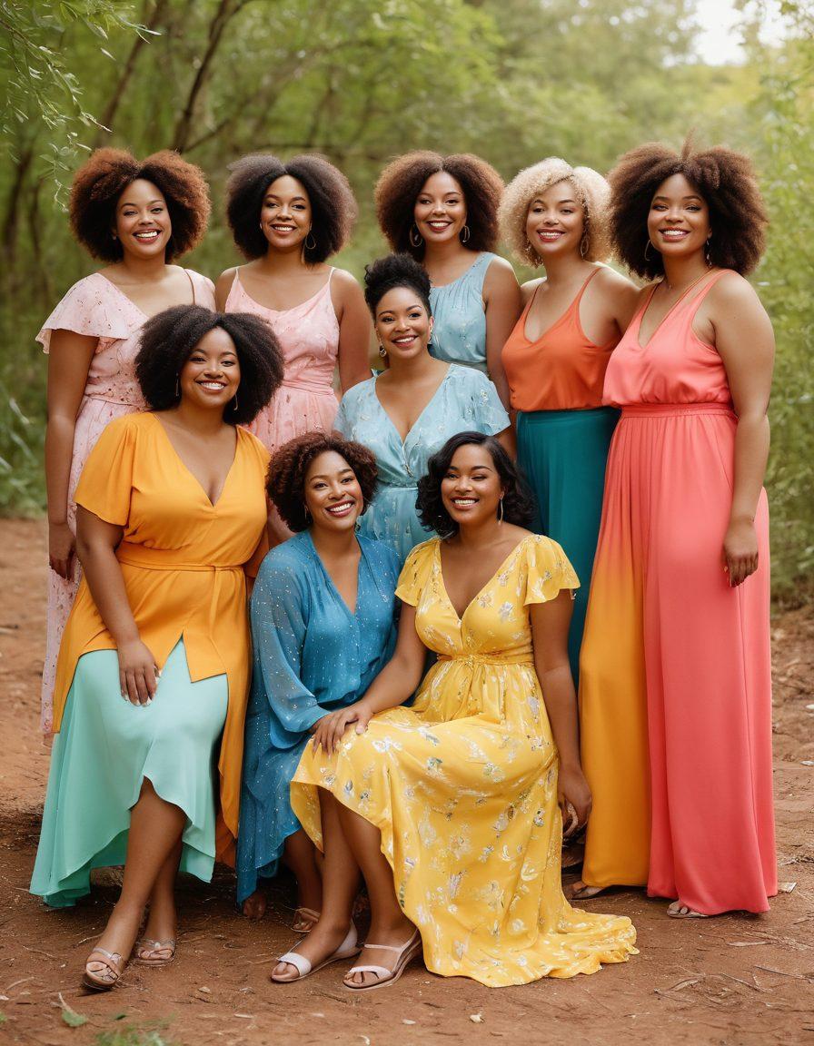 A diverse group of confident individuals celebrating their unique body shapes in an outdoor setting, wearing vibrant, flowy clothing. Incorporate playful poses and genuine smiles to convey joy and acceptance, surrounded by nature and soft pastel colors. Include elements of self-expression like sketchbooks and cameras. super-realistic. vibrant colors. soft background.
