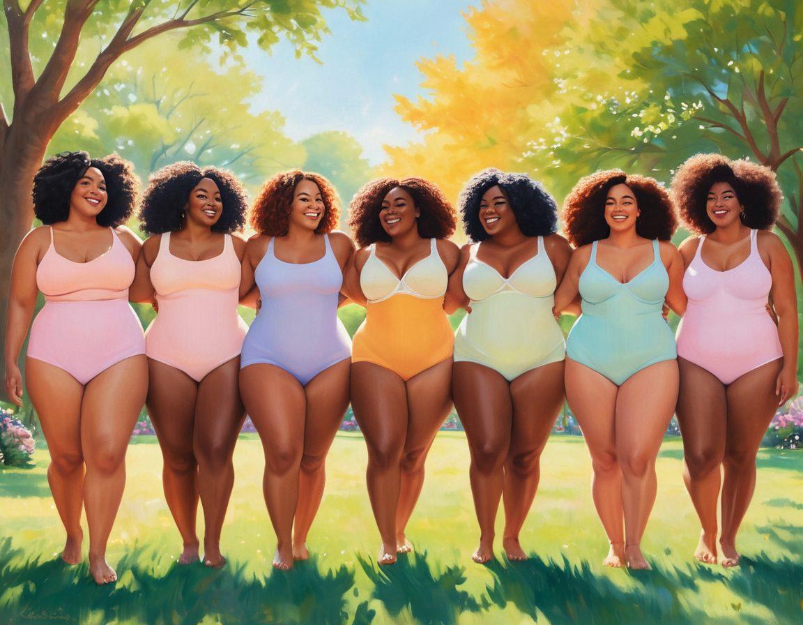 A serene scene depicting a diverse group of confident individuals celebrating body positivity together in a sunlit park. Each person showcases their unique body shapes and sizes, radiating joy and acceptance. Soft pastel colors fill the background, with elements of nature like blooming flowers and gentle breezes enhancing the warm atmosphere of connection. The overall mood is intimate, encouraging, and uplifting. vibrant colors. soft-focus. painting.